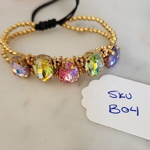 Gold Plated  Beaded Bracelet with Multicolor Gemstones Compoments